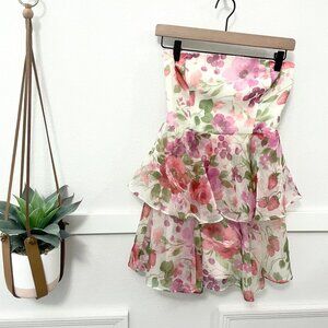 Abercrombie Organza Tiered Strapless Fitted Mini Dress Floral Strawberry XS